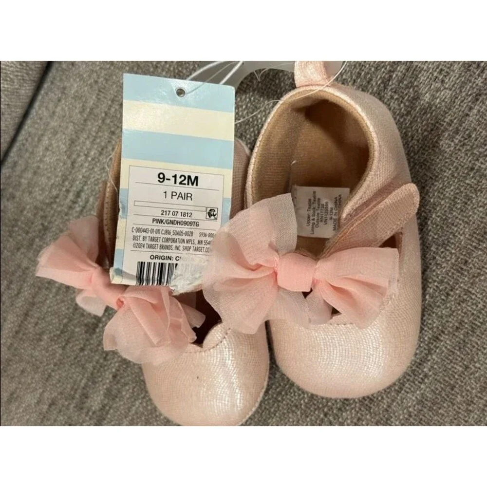 Cat & Jack Baby Girl Pink Bow Shimmer Dress Shoes Crib Booties 9-12 months NWT